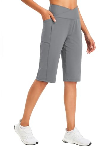 Baleaf Bermudas pour Femme, Pantalons Courts Longs de 35,6 cm, Longueur jusqu'au Genou pour le Gym, Poches pour Yoga, gris foncé, XX-Large