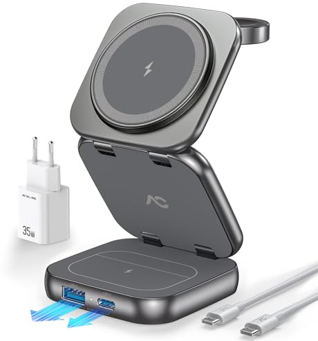 AC Island 5 in 1 Wireless Charging Station, Qi2 Foldable Mag-Safe Charger Stand, Travel Wireless Charger for iPhone 17 Pro/16/15/14/13/12 Series, Apple Watch S11-1/Ultra, for Airpods Pro 3 - (Grey)