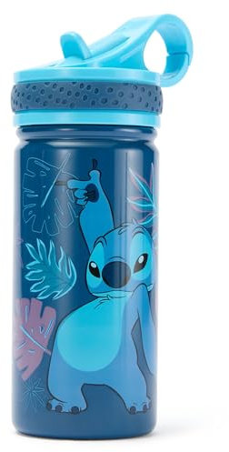 Disney Store Official Stitch Water Bottle, Lilo & Stitch, 458ml, Stainless Steel Bottle for Kids, with Flip-top Straw and Screw Top Lid