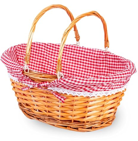 ADEPTNA Lightweight Wicker Shopping Basket with Foldable Handles – Handwoven Willow Hamper with Red Gingham Cotton Liner – Gift, Picnic, Easter, Toy, Garden, Storage Basket (SMALL)