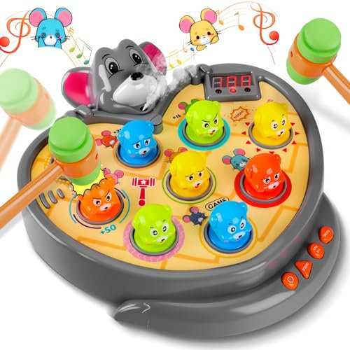 YOOHBERRYS Jeu de Taupe, Jeu de Marteau pour Enfants, Marteler des Jouets, Jouet de Whack avec 5 Modes, 9 Morceaux de Musique, Spray, 2 Marteaux, Jeux Montessori pour Les Bébés de 2-6 Ans