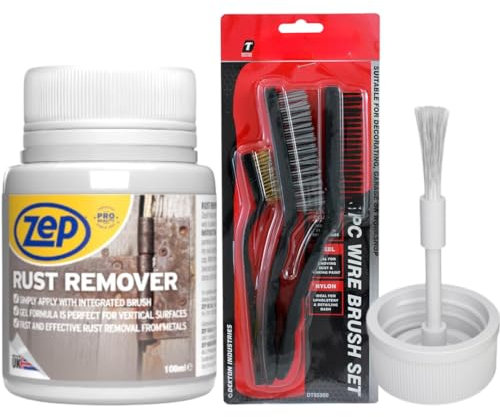 Zep Rust Remover & 3 Pack Wire Brushes - Convenient Brush Cap for Easy Application, Wire Brushes for Loose Rust Removal