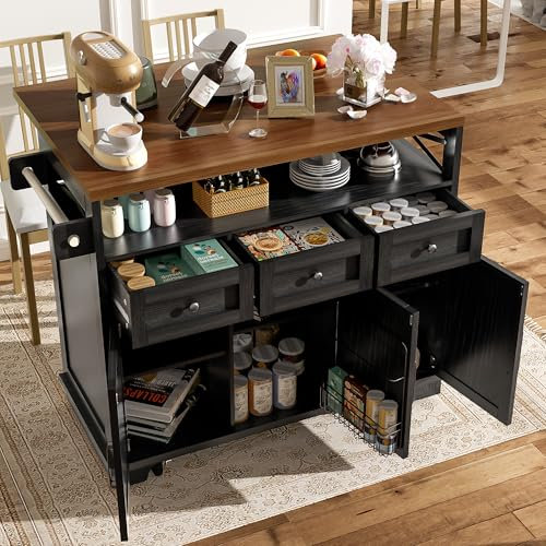 Oslghy Isla De Cocina con Mueble u Mesa, Carro de Cocina con Ruedas, Mueble Auxiliar de Cocina, Armario de Cocina Almacenaje con Encimera Extensible, Buffet con Cajones y Puertas, 118x46x98cm (Negro)