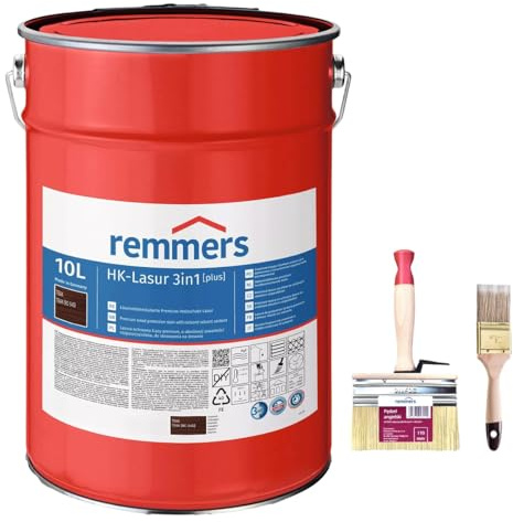 RemmersSet HK-Lasur 3in1 Plus + Pinsel Bandloo Set – Holzlasur für Außenbereich: Imprägnierung, Grundierung & Lasur in einem, Schutz vor Feuchtigkeit & UV-Strahlung, Varnish (Teak, 10 L)