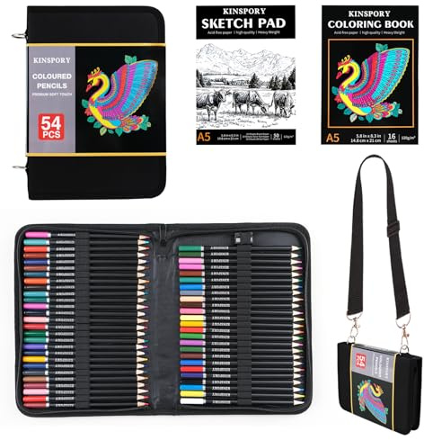 KINSPORY 54 Matite Colorate con Mine Morbide da 3,0 mm, Taccuino da Schizzi da 50 Fogli 3 Colori, Kit per Disegno con Cintura Regolabile - Regalo per Adulti Artisti Principianti Ragazze Ragazzi