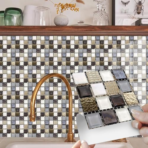 BUYBLIFE Stile Mosaico Adesivi per Piastrelle, 20 Pezzi Retro Piastrelle Adesive per Cucina 10x10cm PVC Autoadesiva Resistente al Calore Impermeabile Vinile Decorazione Della Casa per Bagno