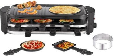 8 Person Raclette Grill and Mini Pizza Maker Oven – Non-Stick with 8 Pans and Pizza Cutter 1600W