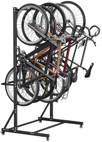 Fristående cykelstativ för 5 cyklar, med låsbara hjul