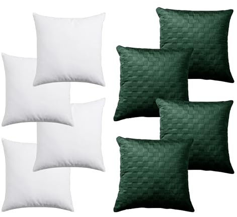 Hafaa Cushions with Covers Included 45 x 45 cm Emerald 8 Pcs (4-Cushion Covers, 4-Inserts) Ultrasonic Checked Velvet Square Throw Pillow Cases with Invisible Zipper for Home Decor Sofa Bedroom