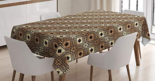 ABAKUHAUS Art Deco Tischdecke, Transitionierte Tetragone, Für den Inn und Outdoor Bereich geeignet Waschbar Druck Klar Kein Verblassen, 140 x 200 cm, Dunkelbraun und Kamel