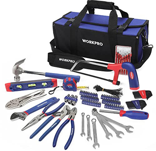 WORKPRO Universal Werkzeugset Haushalt 156-teilig inkl. Werkzeugtasche mit weiter Öffnung für Home Reparatur und Heimwerker, mit Zange Schlüssel Bits Wasserwaage Messer Maßband Hammer usw.