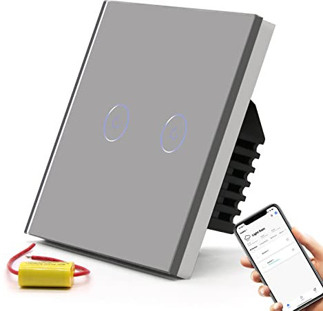 BSEED WiFi Touch Switch,2 Gang 1 Way Smart Light Switch Grey Compatible with Alexa and Google Home,with Smart Life Remote Control(No Hub Required)-No Need Neutral Wire