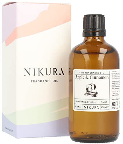 Nikura Apple & Cinnamon Fine Fragrance Oil - 100ml | Perfect for Soap Making, Candle Making, Wax Melts, Diffuser, Burner | Great for use in Bath Bombs, Perfume Oil, Perfume Scents | Vegan & UK Made