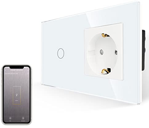 JIMEIDA Smart Lichtschalter mit Steckdose Unterputz, Kein Neutralleiter Erforderlich, Touch Lichtschalter Kompatibel mit Alexa und Google Home, Normale Schuko Steckdose in Weiß Glas- 1 Fach