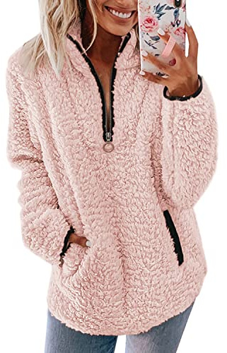 Nilimoph Pull en polaire décontracté pour femme avec fermeture éclair, manches longues, col montant et poches