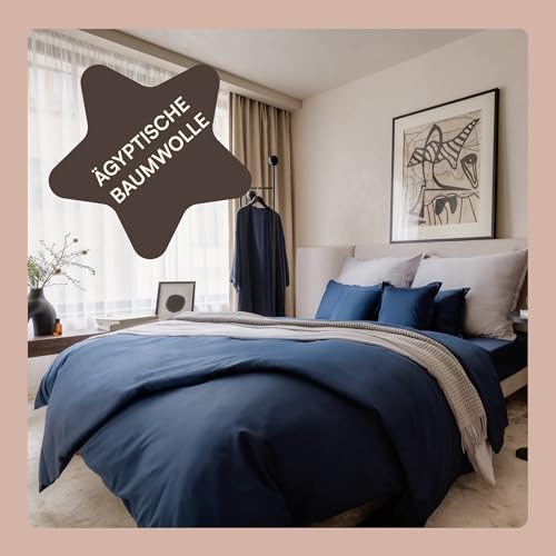 Amqua Juego de ropa de cama de satén Mako, 200 x 200 cm y 2 fundas de almohada de 80 x 80 cm, 100 % algodón egipcio certificado, azul oscuro y azul marino