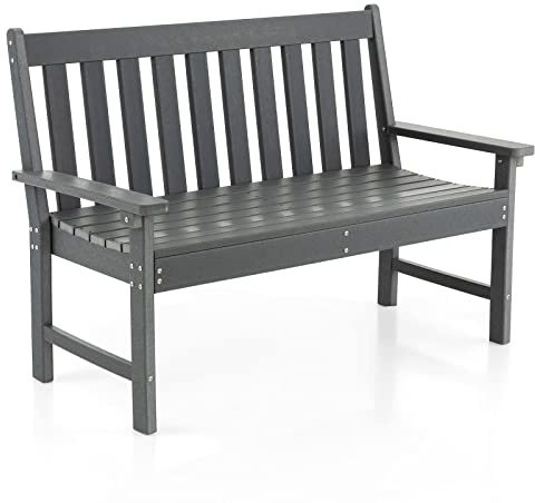 COSTWAY 2-Seater Garden Bench, All-Weather HDPE Patio Loveseat Park Bench Chair, Outdoor Furniture Leisure Porch Seating for Balcony, Lawn, Backyard and Poolside, 300kg Load Capacity (Grey)
