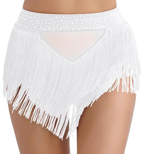 CHICTRY Costumes de Scène Danse Salsa Chacha à Franges pour Femme Mini Jupe Court de Danse du Ventre à Galnd Strass Culottes Soirée Bal S-XXL A Blanc S