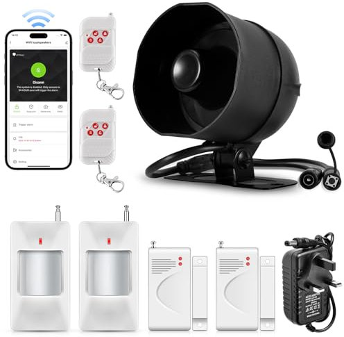 WiFi Alarm Systems Security Burglar kit for Garage Shed House Hotel Shop Apartment, Weatherproof Siren Horn with Remote Control Door Contact Sensor,Motion Sensor,Loud Up to 120db