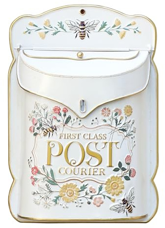 Z² BellaDecor Wall Mount Mailbox for Outside Vintage Mail Boxes for House Outside Metal Door Mailbox Drop Box Antique Style Nostalgic Charm Home Decorative, Flower Pattern, White