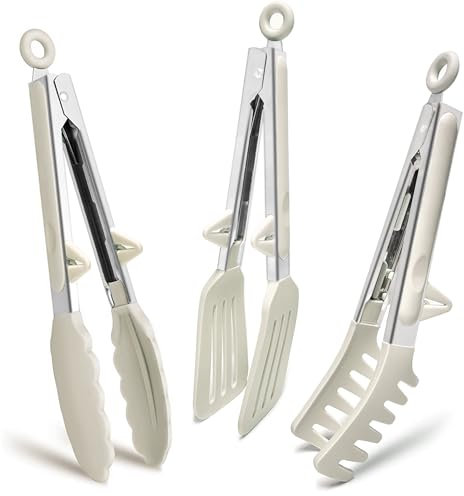 Pinze da Cucina Acciaio Inoxe, 23cm Pinza Barbecue Silicone per Spaghetti Insalata BBQ Carne Pasta, Bianco