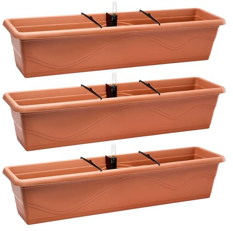 Garronda Jardinieres Exterieur Pots de Fleurs Jardinieres Exterieur Balcon Pot Fleur avec Système d'irrigation et Indicateur de Niveau d'eau GD-0073 (Terre Cuite, 3 Pièces, Longueur=79cm)
