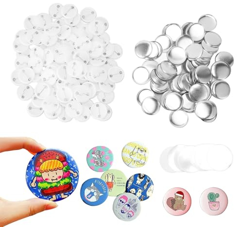 Kit per Bottoni da 37mm (Set 100 Pezzi), Ricambi per Spille Personalizzate con Pellicola in PVC e Coperchi in Metallo, Forniture Creative per Regali, Eventi e Badge Fai-da-Te