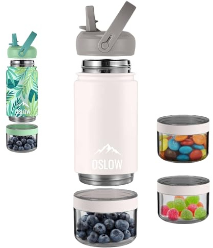 Botella isotérmica con compartimento (300+115 ml) - Botella de agua de acero inoxidable con pajita y asa - Ideal para el deporte - bebidas calientes y frías - Libre de BPA - Botellas Térmicas - Beige