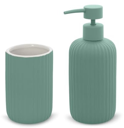 Inbagno Set Accessori Bagno 2 Pezzi in Ceramica Verde cannettato, Dispenser Sapone e portaspazzolini Soft Touch, Spring