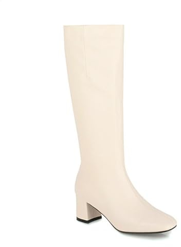 HQINGAXU Femmes Bottes Hautes Bout Carré Confortables Épais Bottes Longues Imperméables Marche Bottes Talon Haut Fermeture Éclair Latérale Cuir Bottes Longues Occasions Festives,Apricot,38 EU