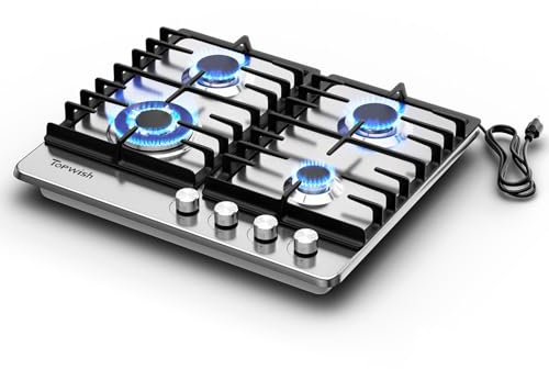 TOPWISH 24 Inch Gas Cooktop, Propane Stove Top with 4 Burners 27,400 BTU, NG/LPG Convertible Built-in Stainless Steel Stovetop with Thermocouple Protection for Rvs Kitchen Outdoor