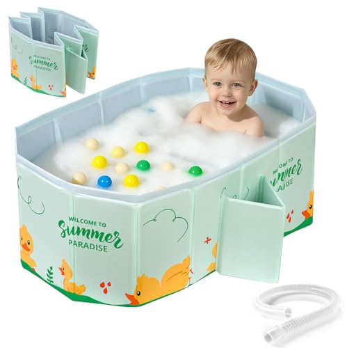 AUYAO Foldable Baby Bath Portable Toddler Bath Tub Infant Baby Bathtub Non-Slip Shower Tray Travel Tub Foldable Shower Tub Mini Swimming Pool Shower Basin for 0–8 Years Old (Little Green Lotus) | Foldable Inflatable Bathtub, Children, Air Pump, Separator, Headrest, Anti-Slip, Baby