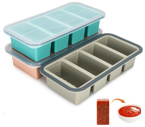 Silikonform för frysning med lock, 3-pack med 4 fack – frysbehållare för soppa, buljong, såser och meal prep, med 125/250 ml skala, förstärkt kant, BPA-fri, stapelbar