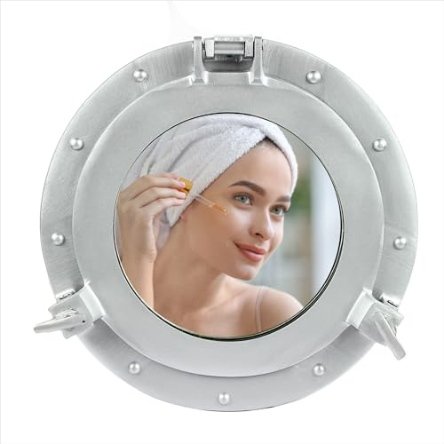 Nagina International Silver Deco Powder Coated Premium Nautical Aluminum Pirate's Ship's Porthole Clock Mirror & Window | Exclusive Wall Decor Accent (12 Inches, Mirror)
