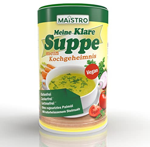 Vegane Gemüsebrühe und Würzmittel, ohne Allergieauslöser, ohne PALMÖL, einfach, schnell und delikat zubereitet. 900g/45Liter Gemüsesuppe mit naturbelassenem Steinsalz. MAISTRO MKS-900g