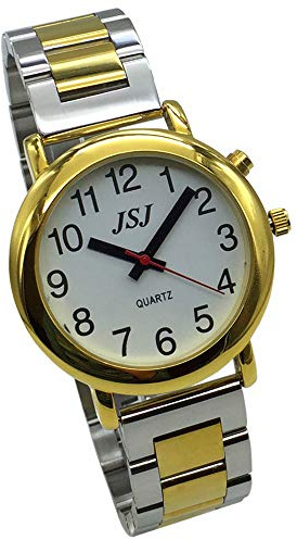 VISIONU Montre Parlante Analogique avec Alarme Annonce de l'heure et Date en Français pour Aveugle et Les Personnes Malvoyant, Couleur Dorée,Bracelet Deux Tons en Acier Inoxydable TUF-G505