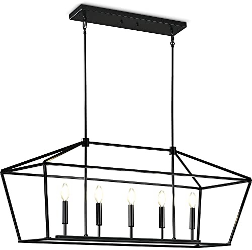 MantoLite Farmhouse Chandelier 5-Lights Black Kitchen Island Dinning Light Fixtures Industrial Height Adjustable Hanging Pendant Lighting Metal E12 Rustic Chandeliers for Dinning Room（No Bulbs）
