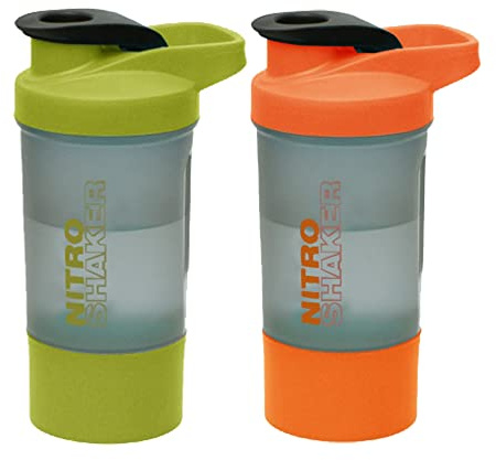Set of 2 - 600 ML Plastic BPA Free Protien Shaker Bottle with Storage Compartment for Protein Powder Supplements Measurement Scale Steel Mixing Ball Leak Proof Flip Cap Screw Lid (Green & Orange)