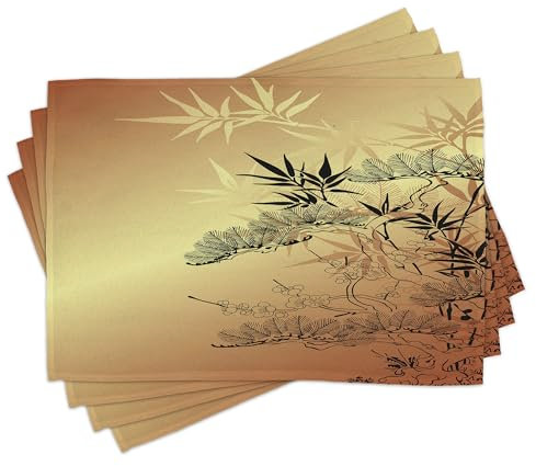 ABAKUHAUS Manteles Individuales japoneses (8 Unidades), diseño de Ramas y bambú con llamativa ilustración de Hojas, Tela Lavable, decoración para Comedor, Cocina, impresión Digital, Amarillo ámbar