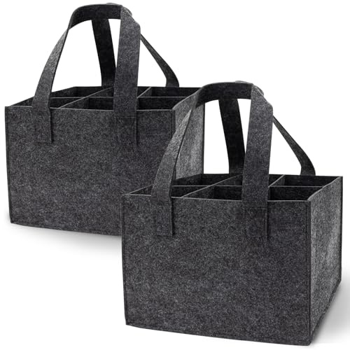 2 Pezzi Borsa per Bottiglie con 6 Scomparti, Borsa da Vino in Feltro con Manico, Borsa Portabottiglie Vino in Feltro, per Regali, Feste, Viaggi, Picnic, a Tracolla (Grigio Scuro, 24 x 18 x 16 CM)