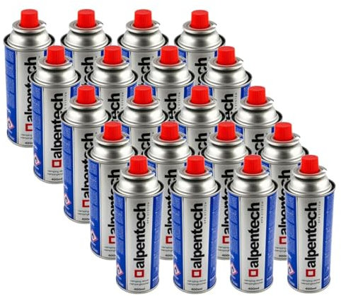Alpentech - Pack de 20 cartuchos de gas Butano de 250 g - Clipsables antifugas (TUV/UN2037) - Usos: Hornillo, camping, soplete, linterna y deshierbe.