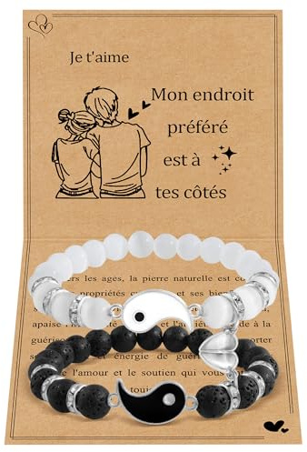 BOCHOI Bracelet Couple Symbole Coeur Yin Yang en Acier Inoxydable Tissé à la Main pour Petit Ami Petite Amie Mari Femme Lui Elle Valentine Cadeau