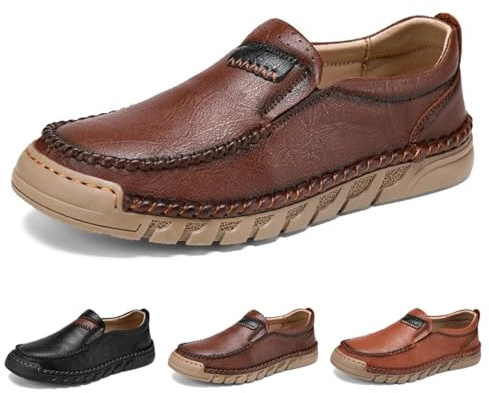 Mocassini da uomo con supporto per arco plantare, suola in gomma antiscivolo antiscivolo, comode e classiche scarpe da passeggio in pelle morbida, fatte a mano, antiscivolo, Marrone scuro, 45 EU
