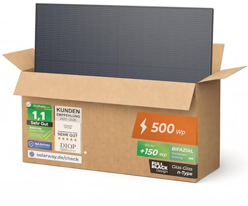 Solarway 500W Solarpanel Full Black Bifazial Glas/Glas PV Panel mit positiver Leistungstoleranz von 0-5 Watt, n-type, geeignet für Balkonkraftwerk