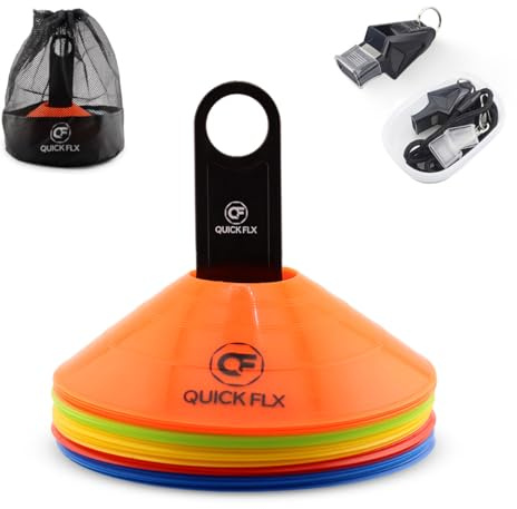 QUICKFLX Markierungshütchen Set – 25 Trainingshütchen in 5 Farben mit Tragetasche & Pfeife – Ideal für Fußballtraining, Agility & Koordinationsübungen für Kinder & Erwachsene (Mit Halterung)