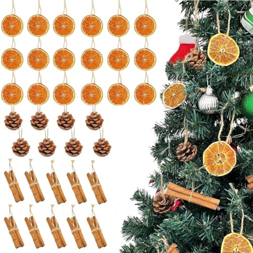 36PCS Natural Christmas Tree Ornaments Set,Christmas Ornaments Bulk with Dried Orange Slices,Cinnamon Sticks and Pine Cones with Rope,Hanging Yule Decor for Xmas Tree,DIY Crafts Decors