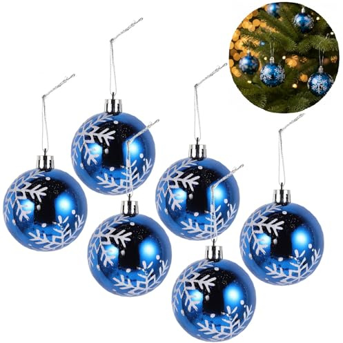 VILLCASE 6 Stück Weihnachtskugeln Blau 6cm mit Schneeflocken Muster – Christbaumschmuck Kunststoff Bruchfest – Glänzende Christbaumkugeln Set für Weihnachtsbaum Deko
