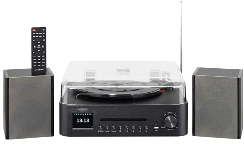 Reflexion HIF2082DAB - Giradischi retrò con altoparlante e Bluetooth, impianto musicale con DAB+, CD, FM, registrazione USB MP3, display a colori, sveglia e timer sleep, set completo con telecomando