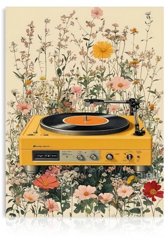 Dazzlewall Arte de Pared Tocadiscos Boho, Póster de Tocadiscos Amarillo Vintage y Campo Floral para Sala de Música Dormitorio 30×40 cm Sin Marco