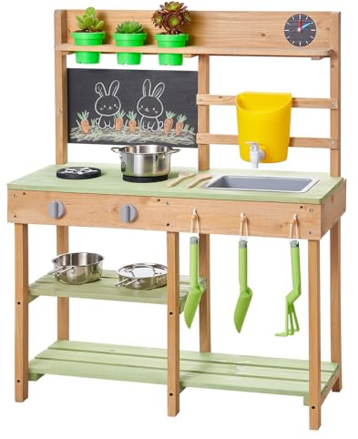 VEVOR Cuisine à Boue 76,2 cm Cuisine Patouille Extérieur Enfant pour Jouer avec Eau et Sable, en Bois, avec Pots Plantation, Pelles à Jardiner, Réservoir Eau, Évier, Spatules, Casseroles, Accessoires